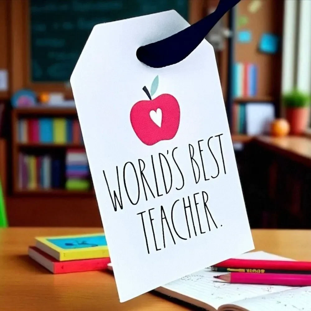 NWT Rae Dunn White World’s best Teacher Apple gift bag & hanging to:/from: card